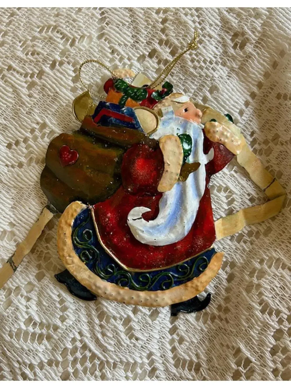 Vintage Metal Christmas Ornaments Set with Santa and Noel Sign